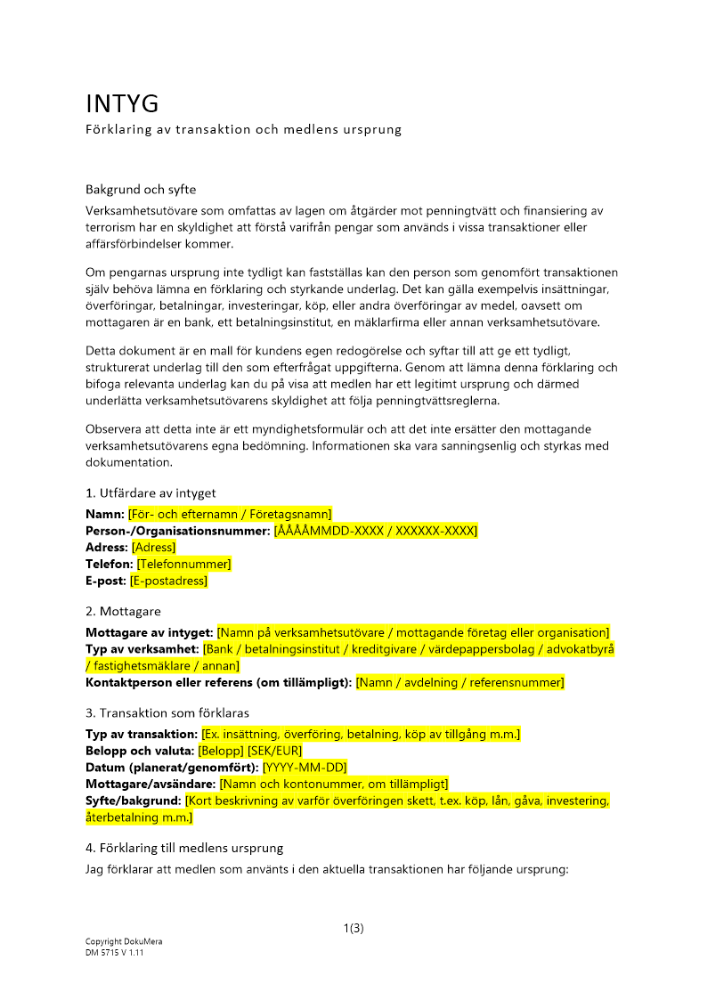 Intyg - Förklaring av transaktion och medlens ursprung