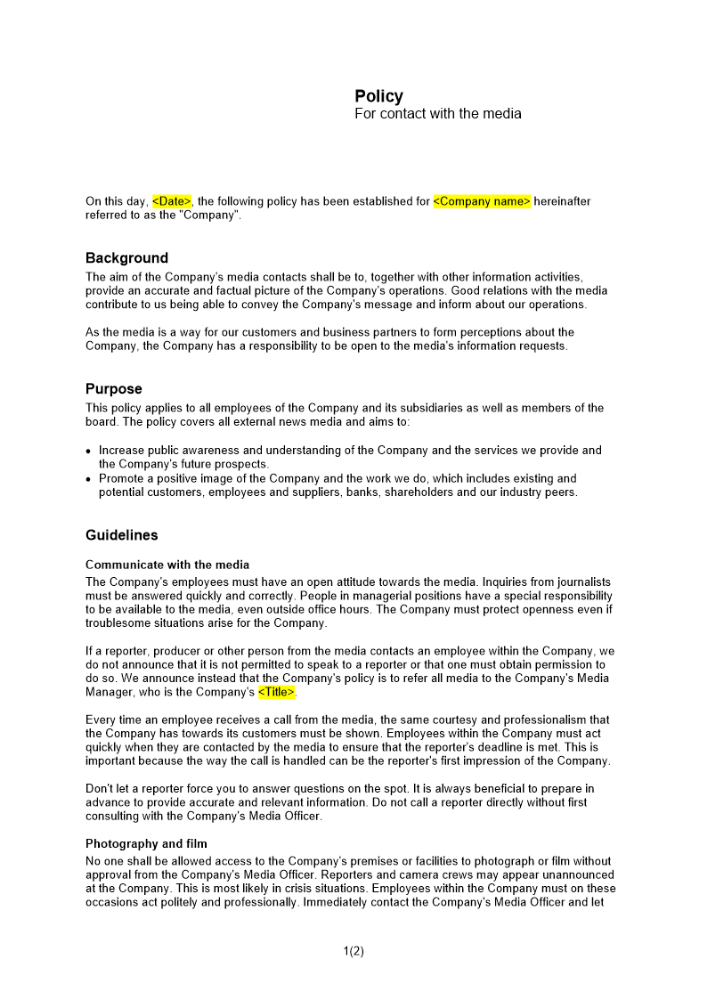 Policy för kontakt med media Engelsk