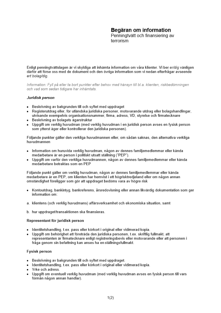 Begäran om information från klient - penningtvätt