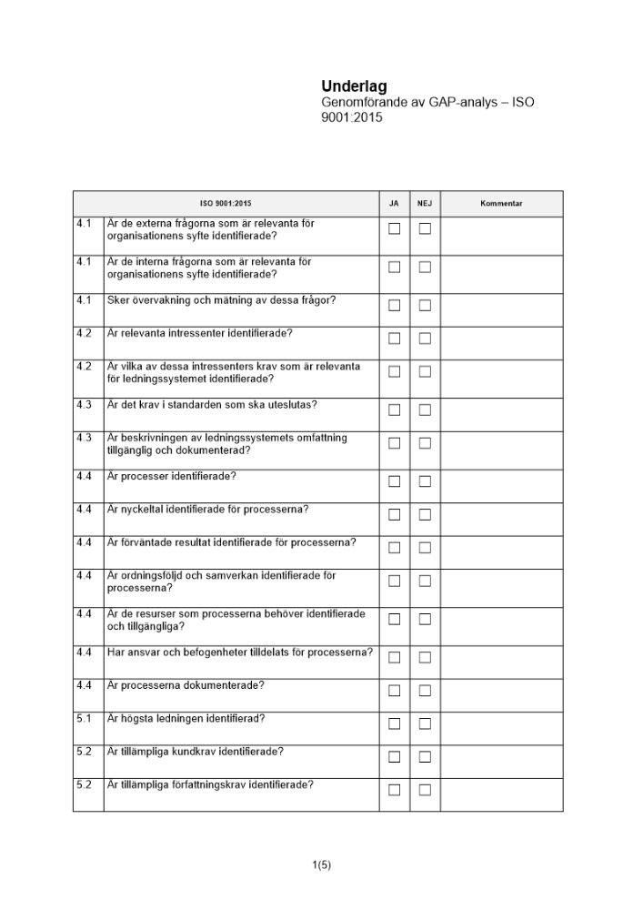 Underlag till GAP-analys enligt ISO 90012015