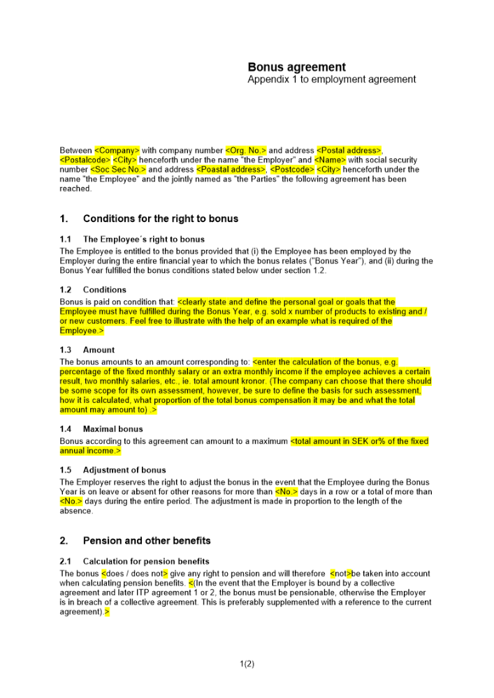 Anställningsavtal bilaga bonus Engelsk