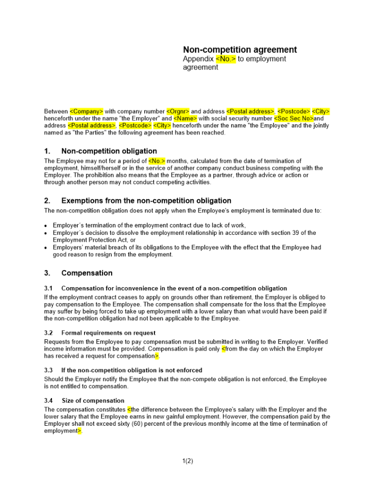 Anställningsavtal bilaga konkurrens Engelsk