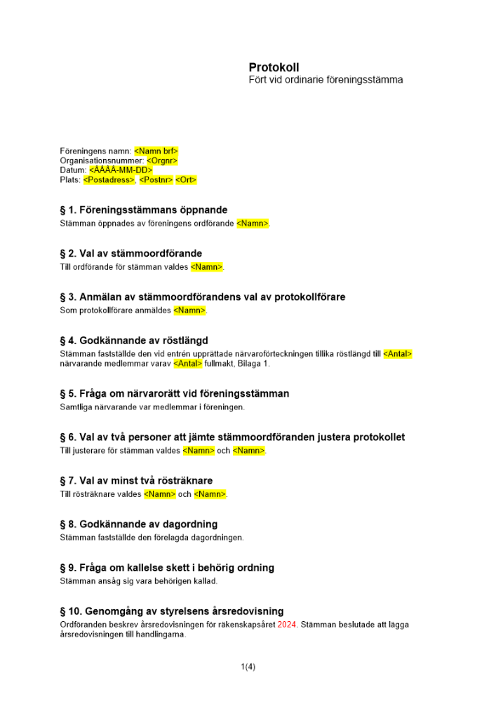 Protokoll ordinarie föreningsstämma brf