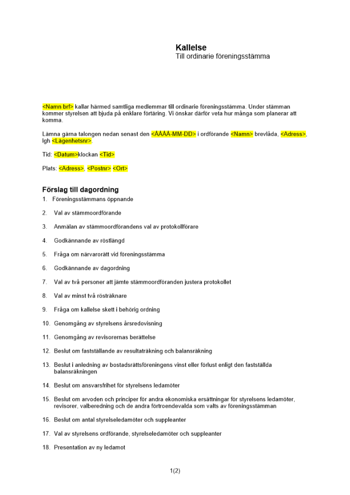 Kallelse till ordinarie föreningsstämma - bostadsrättsförening