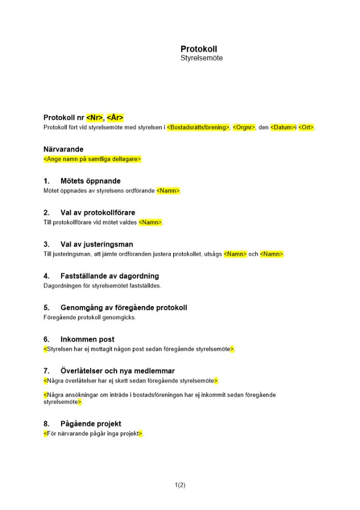 Protokoll styrelsemöte bostadsrättsförening