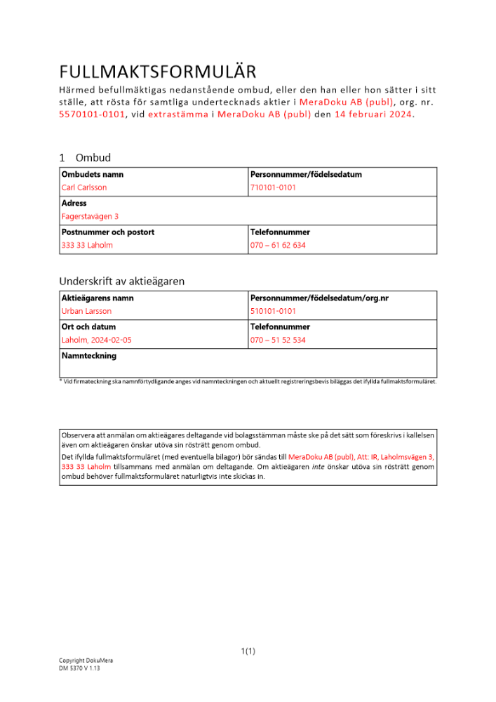 Fullmaktsformulär marknadsnoterat bolag