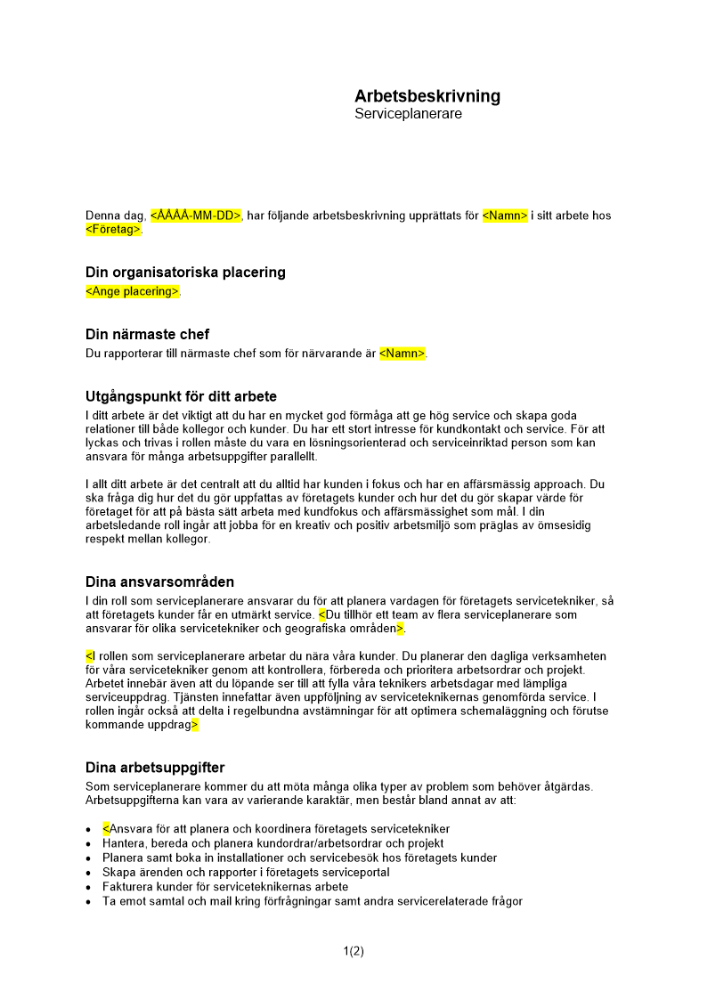 Arbetsbeskrivning serviceplanerare