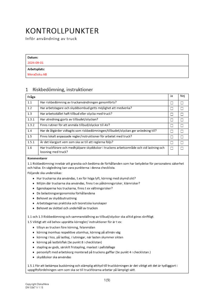 Kontrollpunkter inför användning av truck