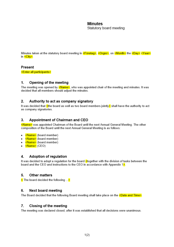 Styrelsemöte - Protokoll från konstituerande styrelsemöte Engelsk