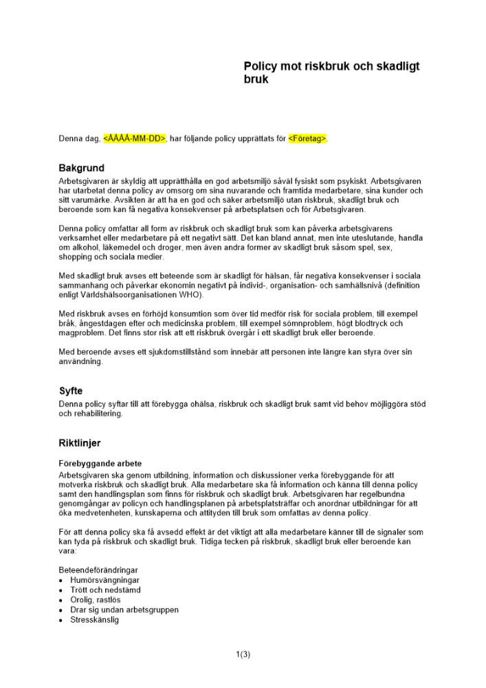 Policy mot riskbruk och skadligt bruk