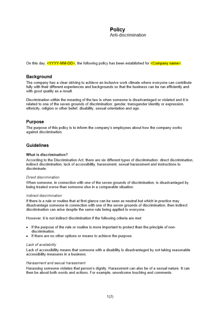 Policy mot diskriminering Engelsk