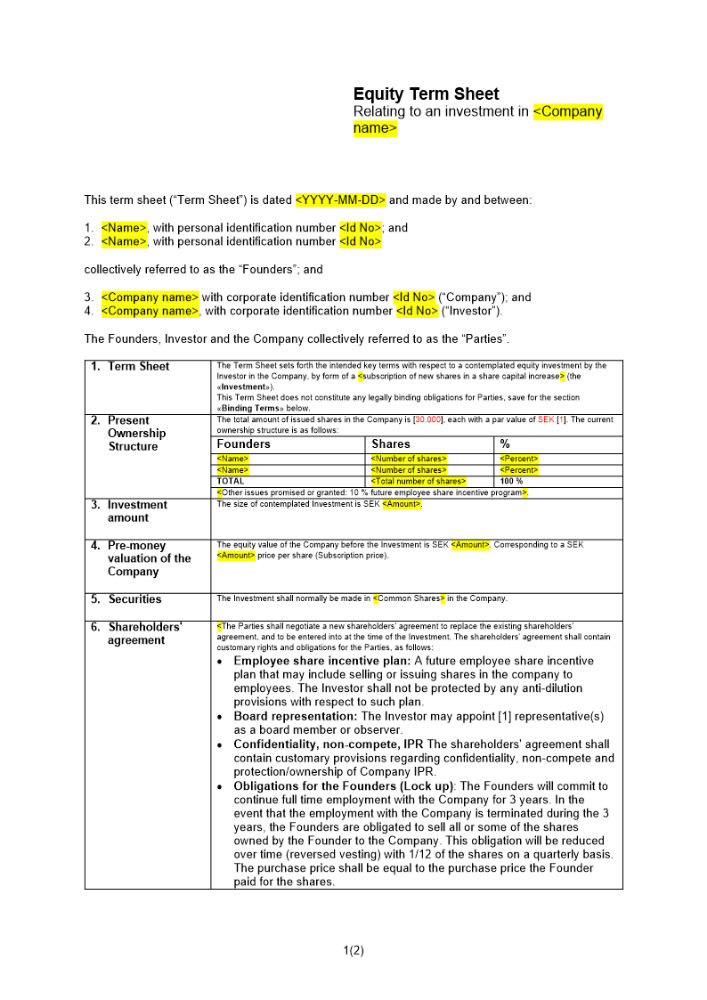 Underlag för investering (Equity Term Sheet) Engelsk