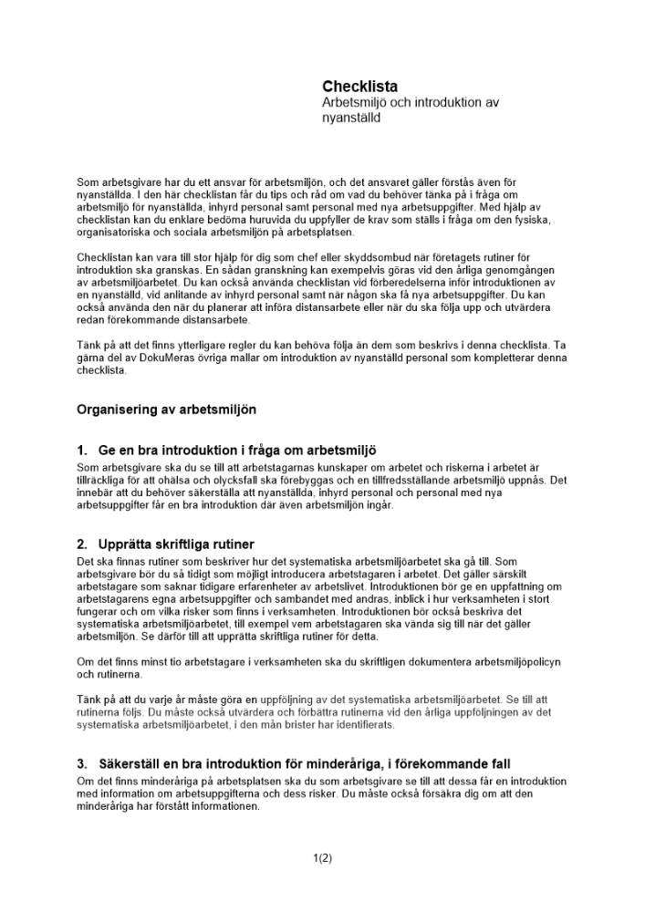 Checklista arbetsmiljö och introduktion av nyanställd