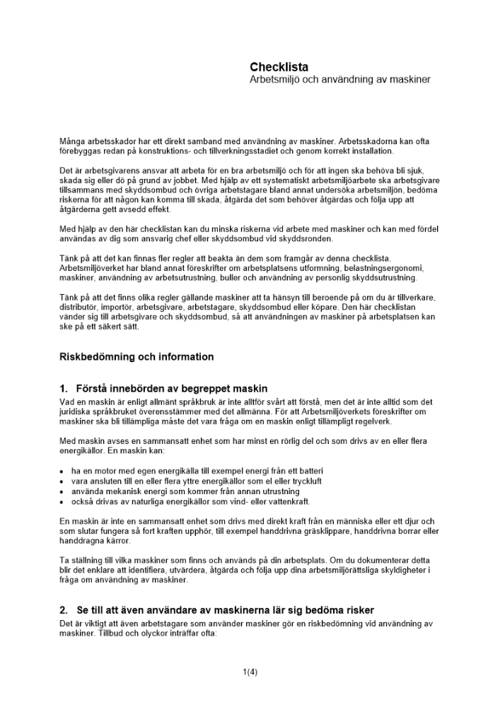 Checklista arbetsmiljö och användning av maskiner