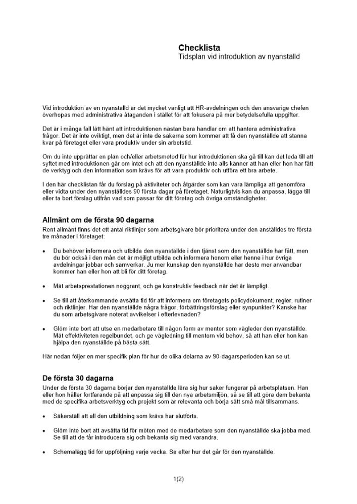 Checklista tidsplan vid introduktion av nyanställd