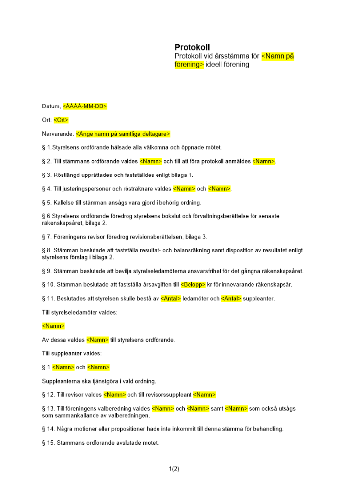 Protokoll vid årsstämma ideell förening