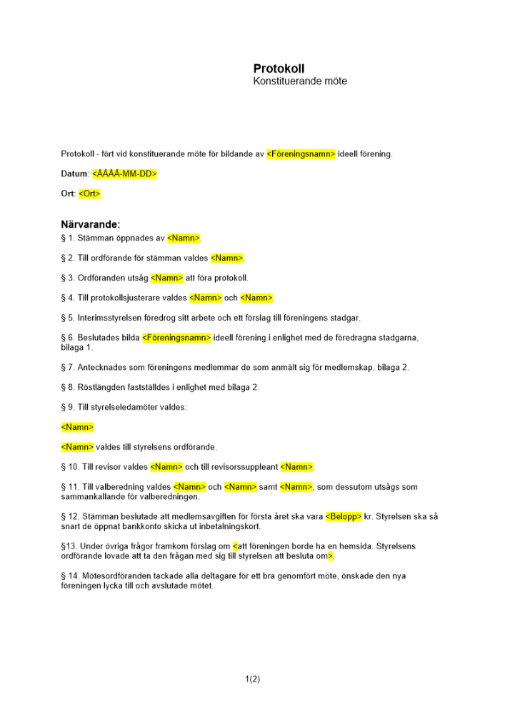Protokoll till konstituerande möte ideell förening
