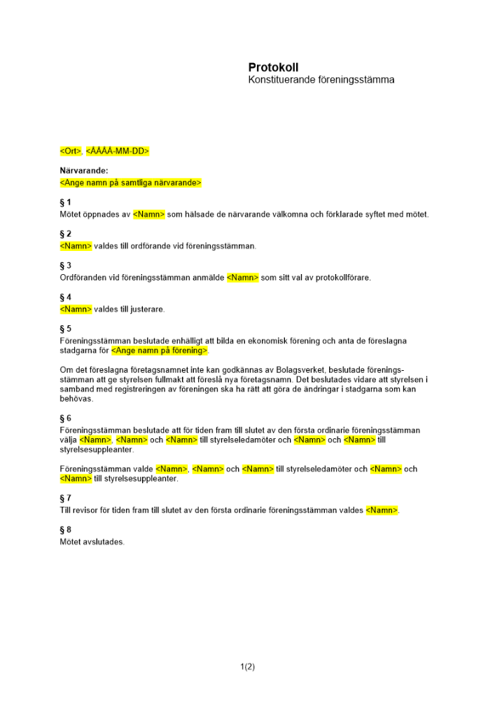 Protokoll konstituerande föreningsstämma