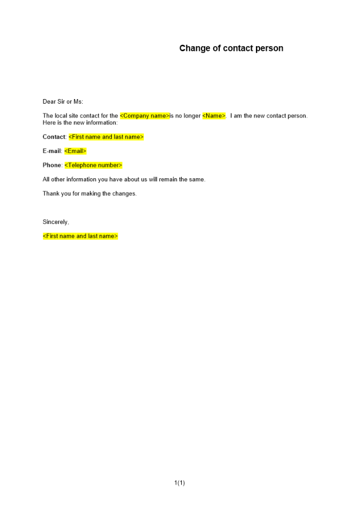 Meddelande - byte av kontaktperson Engelsk
