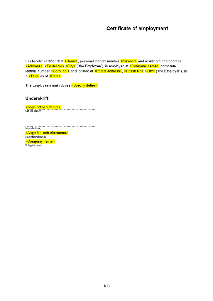 Anställningsintyg Engelsk