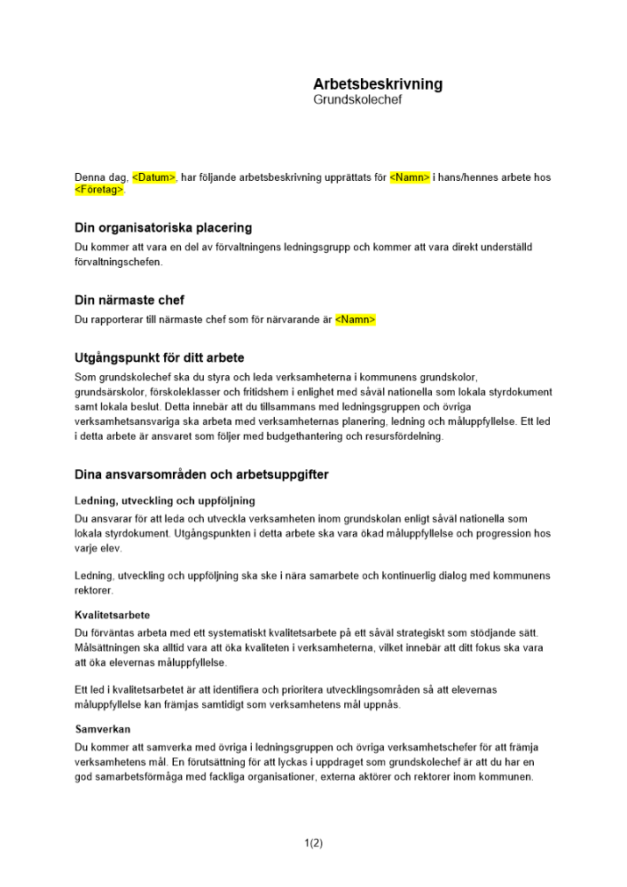 Arbetsbeskrivning grundskolechef