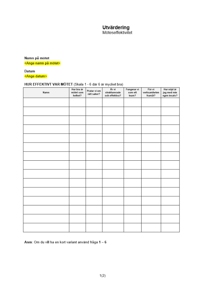 Utvärdering och diskussionsunderlag - möteseffektivitet