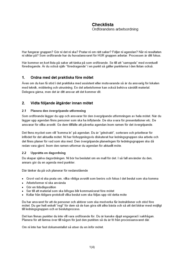 Checklista ordförandens arbetsordning