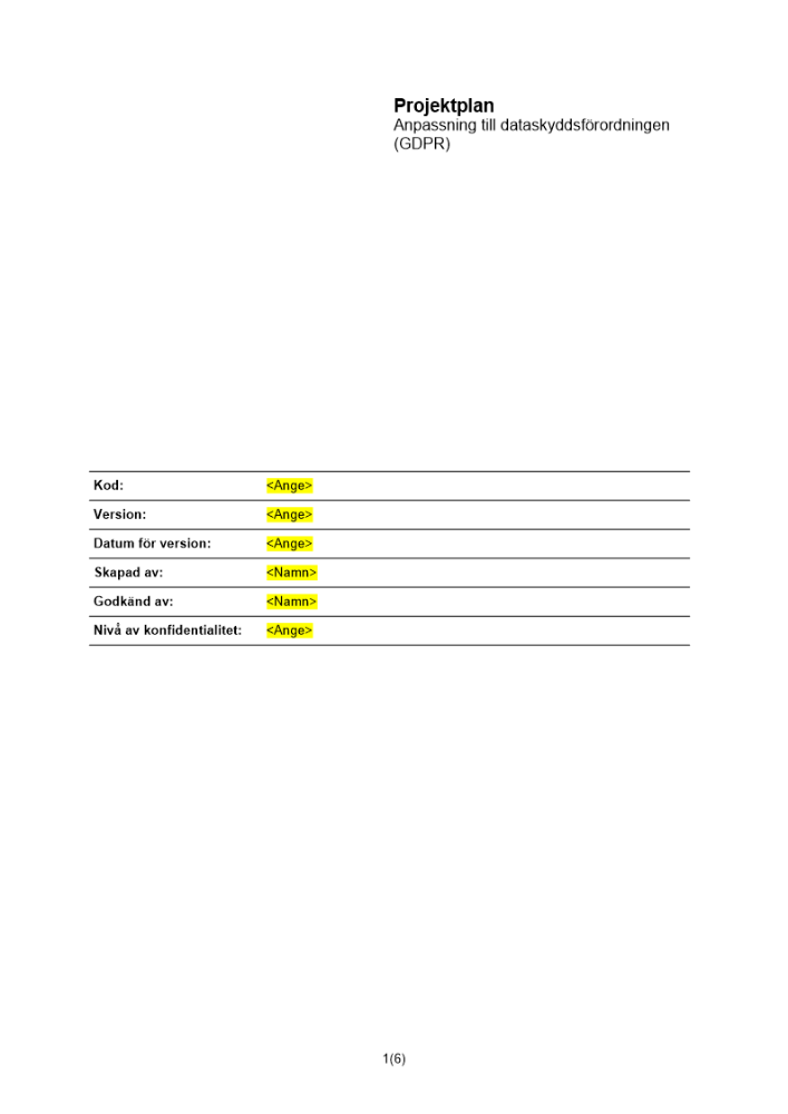 Projektplan - anpassning till dataskyddsförordningen