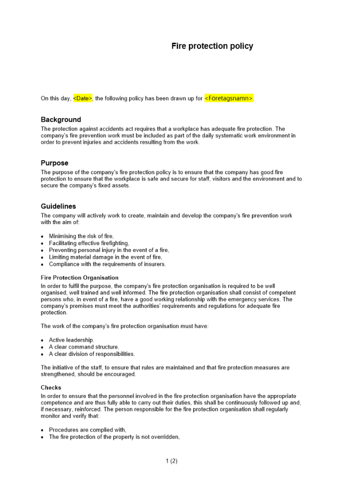 Brandskyddspolicy Engelsk