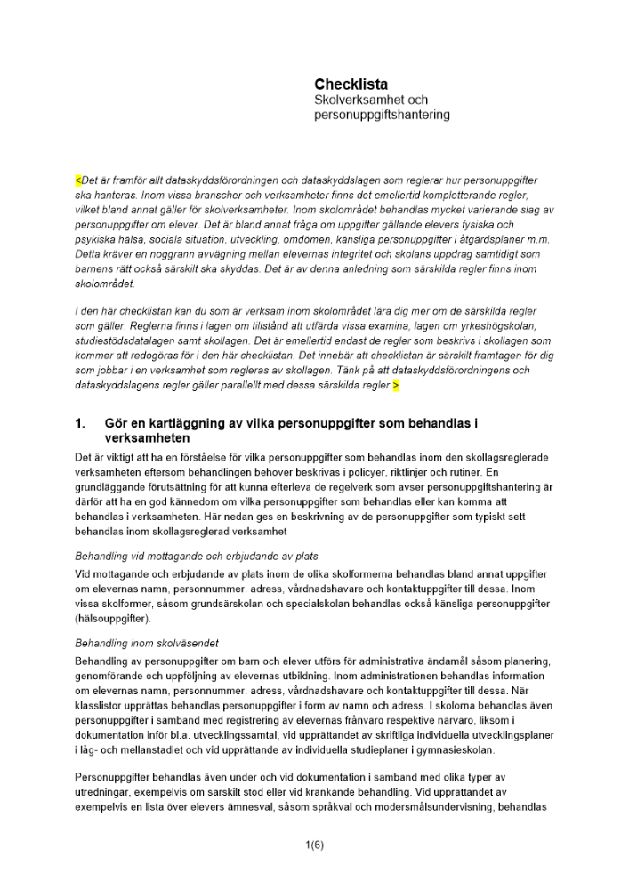 Checklista – skolverksamhet och personuppgiftshantering