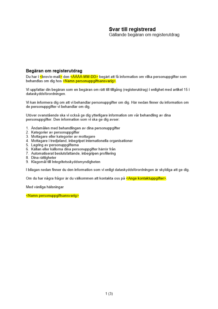 Svar till registrerad gällande begäran om registerutdrag