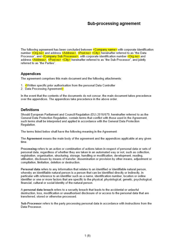 Underbiträdesavtal Engelsk