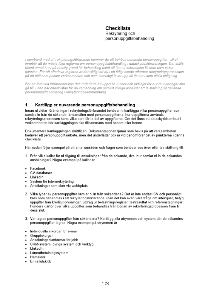 Checklista – Rekrytering och personuppgiftsbehandling