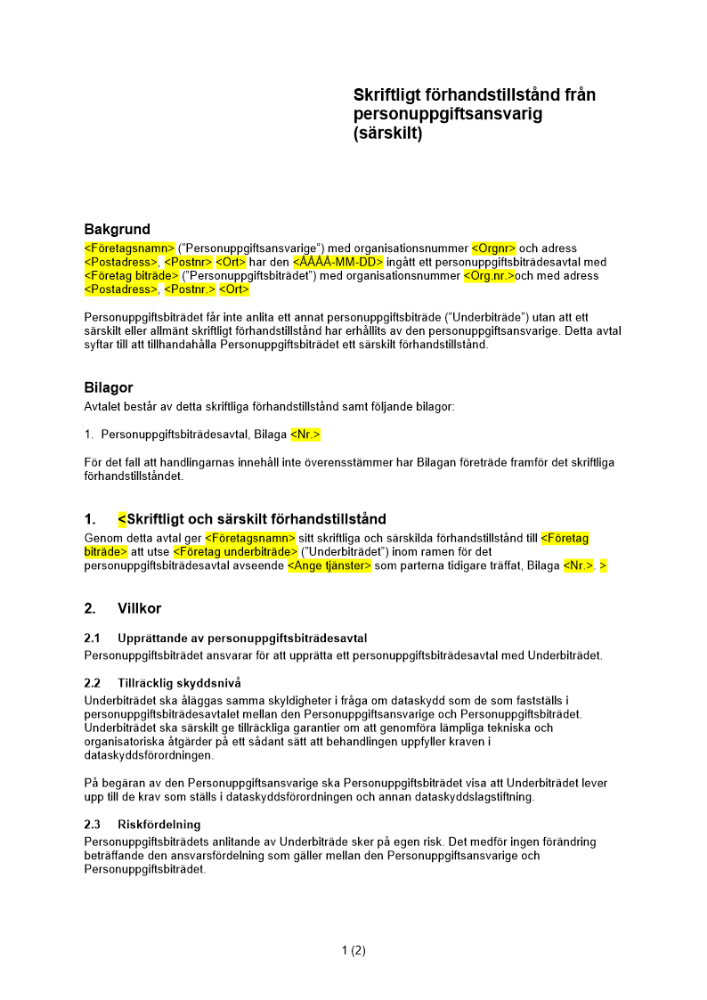 Skriftligt förhandstillstånd personuppgiftsansvarig