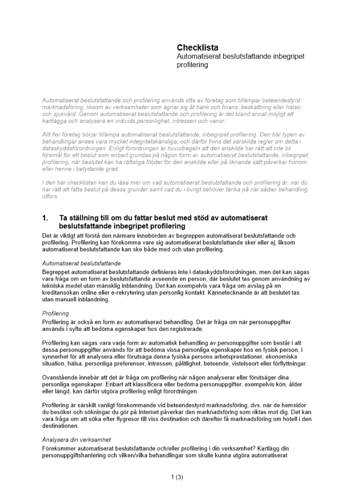Checklista – automatiserat beslutsfattande inbegripet profilering