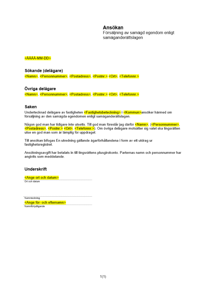 Ansökan om försäljning av samägd egendom