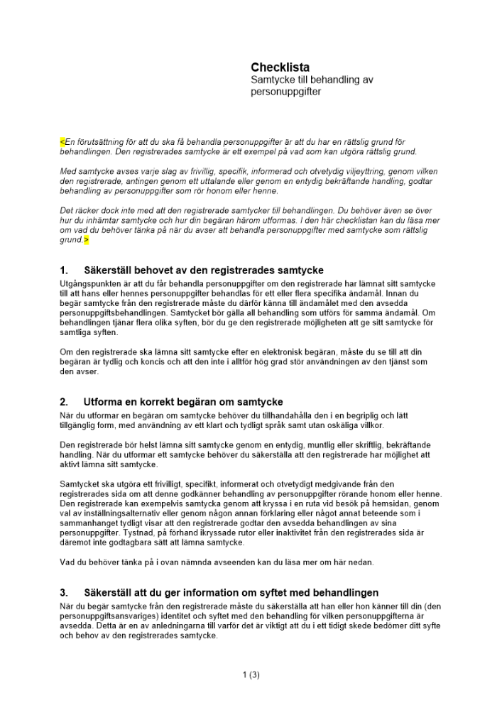 Checklista samtycke till behandling av personuppgifter