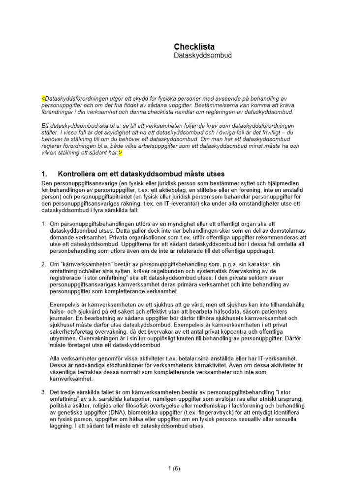 Checklista Dataskyddsombud