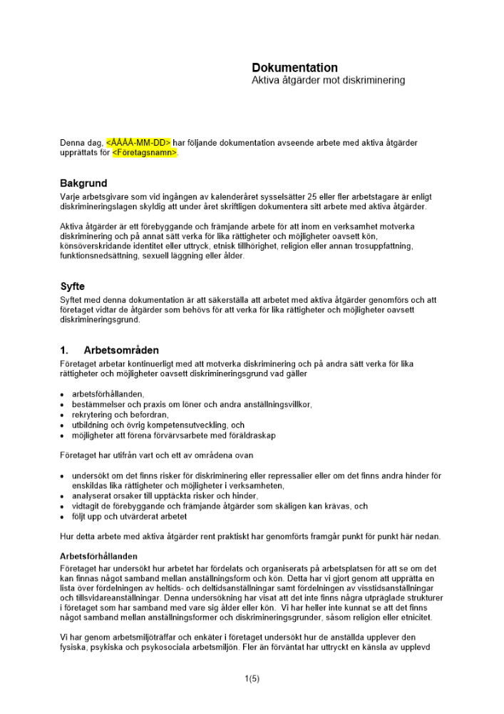 Dokumentation aktiva åtgärder mot diskriminering