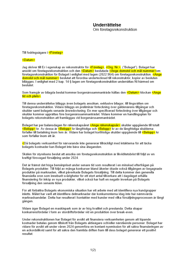 Underrättelse om företagsrekonstruktion