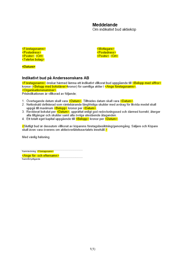 Meddelande om indikativt bud aktieköp