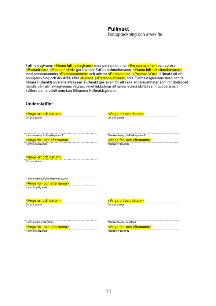 Fullmakt bouppteckning och arvskifte