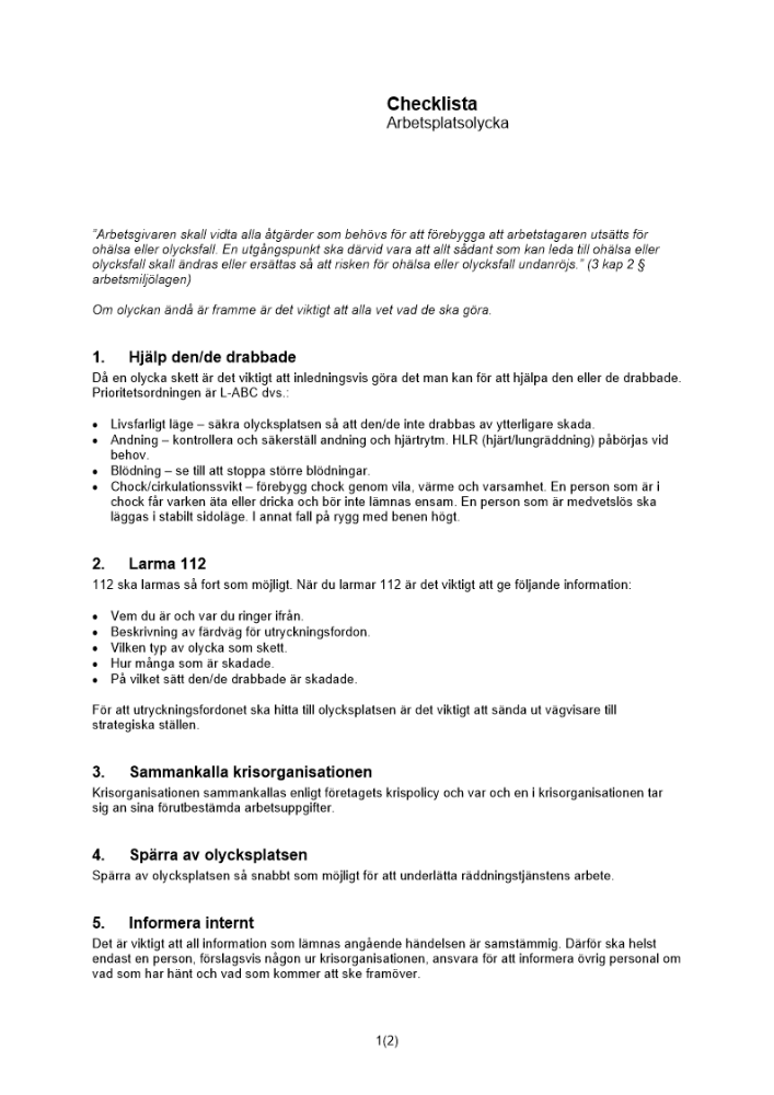 Checklista arbetsplatsolycka