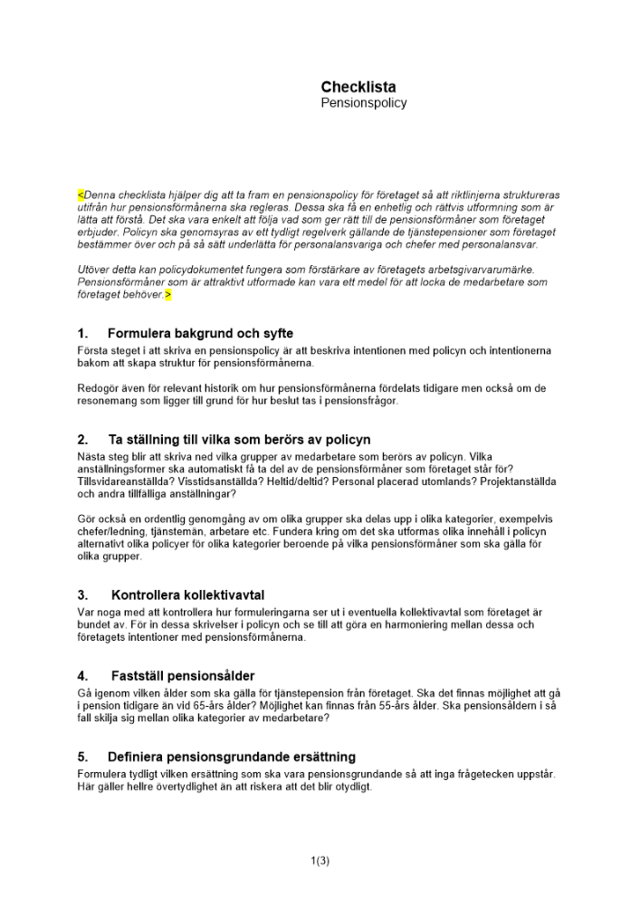 Checklista pensionspolicy