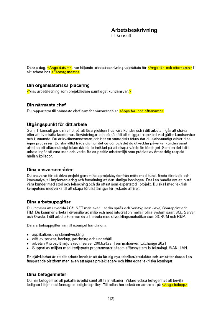 Arbetsbeskrivning IT-konsult
