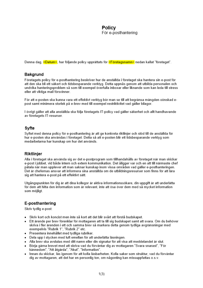 Policy för e-posthantering