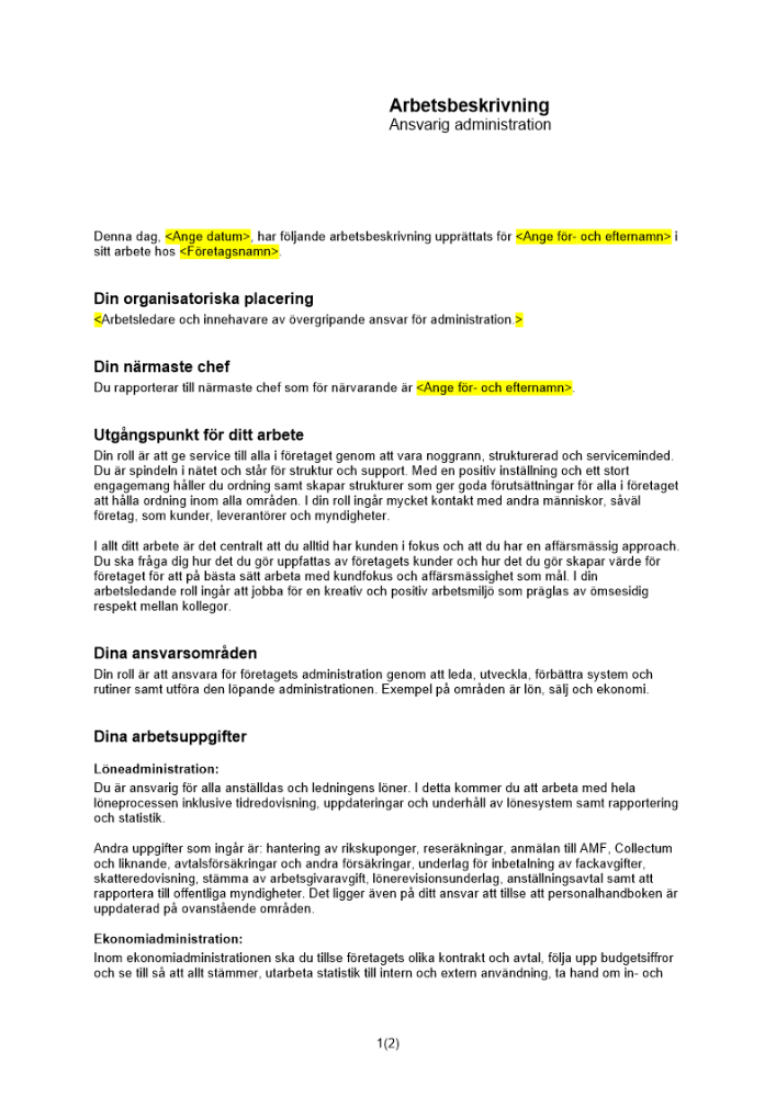 Arbetsbeskrivning ansvarig administration