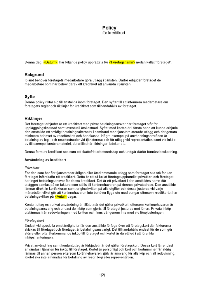 Policy för kreditkort