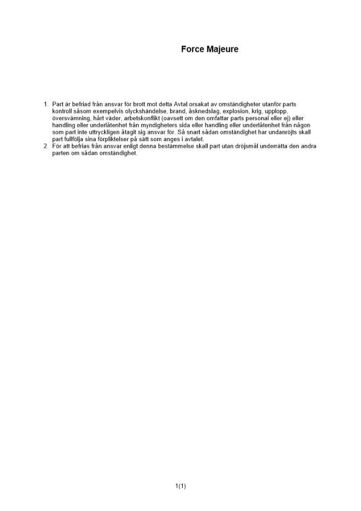 Force Majeure-klausul (kort)