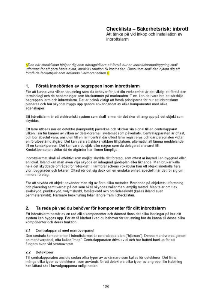 Checklista Inbrottslarm